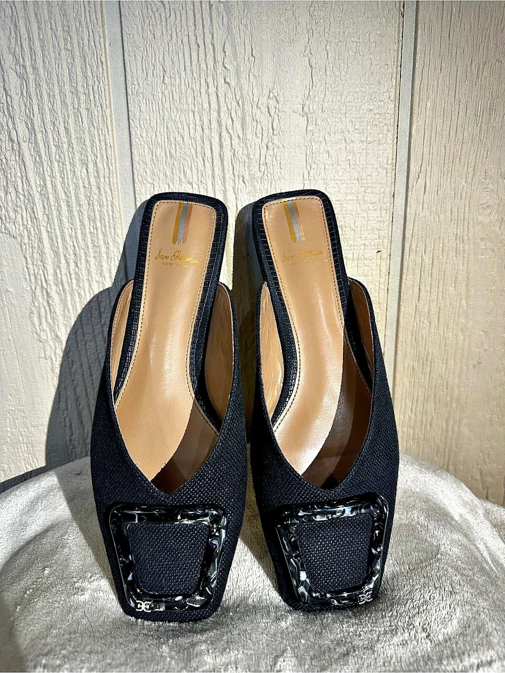 Sam Edelman Black Linen Buckle Mules